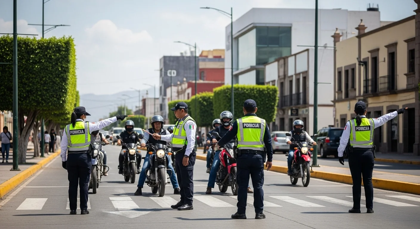Agentes de tránsito municipales supervisando a motociclistas en una avenida principal de un municipio mexicano