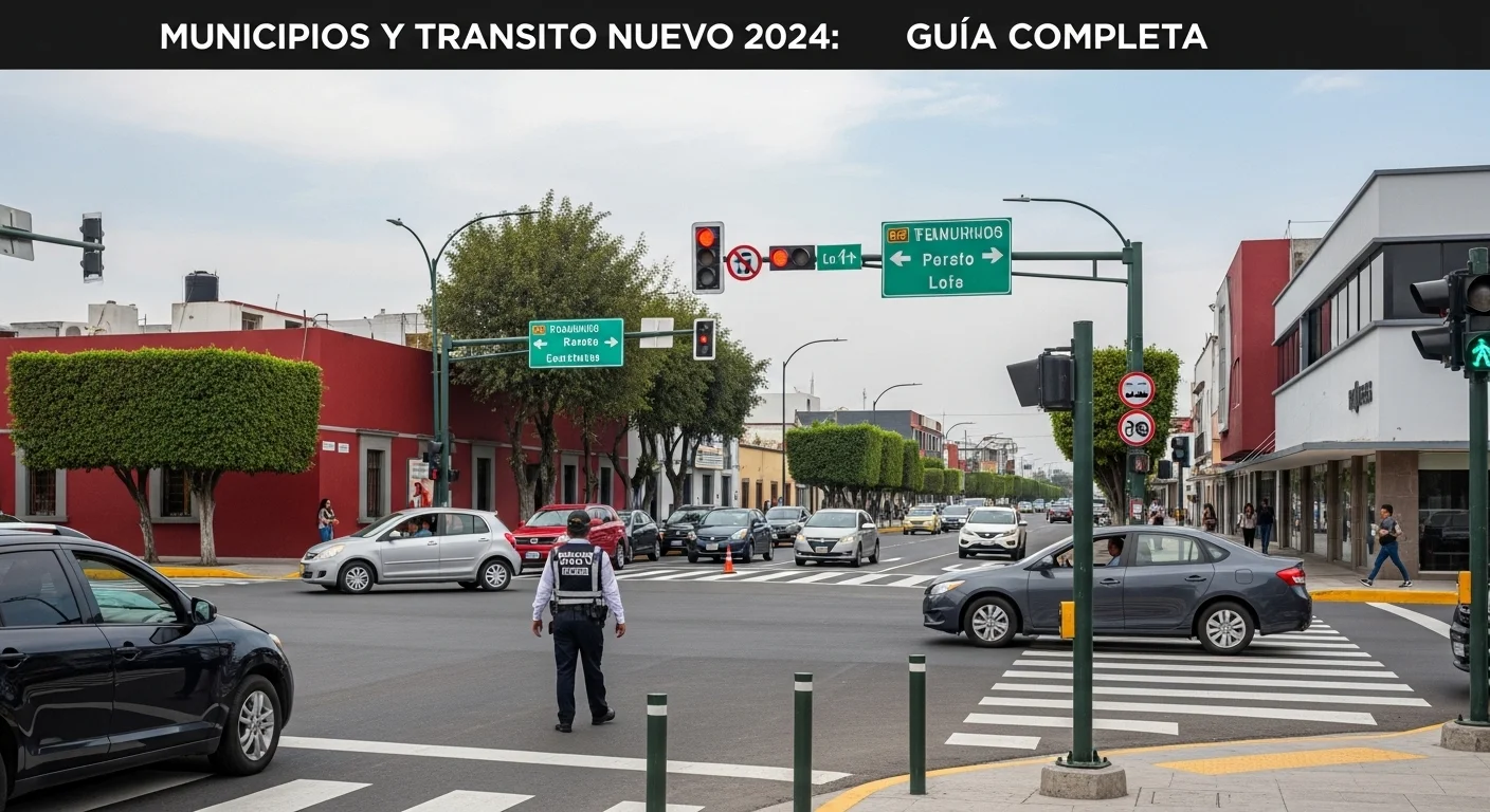 Una intersección urbana en un municipio mexicano con señalización vial moderna, cruces peatonales bien marcados y un agente de tránsito supervisando el flujo de vehículos y peatones, representando el nuevo reglamento de tránsito 2024.