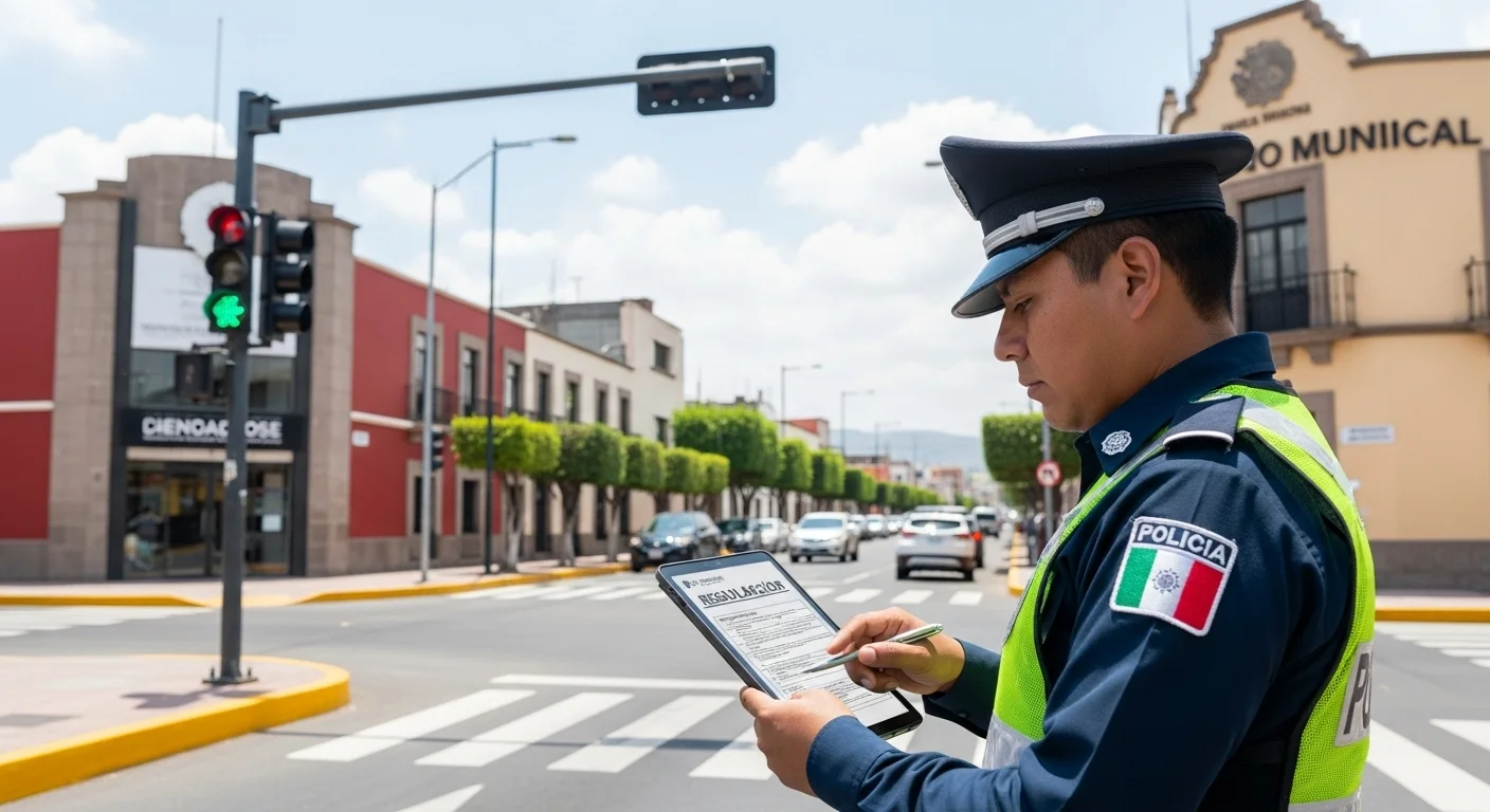 Agente de tránsito revisando un reglamento de transito pdf en una tableta con el fondo de una calle de un municipio mexicano.