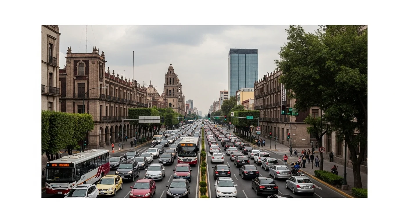 Vista de una avenida concurrida en una ciudad de México, ilustrando los desafíos del tránsito y transporte para los municipios.
