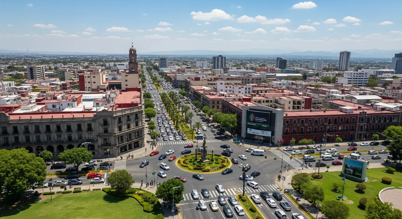 Imagen aérea de una intersección con alto tránsito vehicular en una ciudad de un municipio mexicano, mostrando la complejidad de la movilidad urbana.