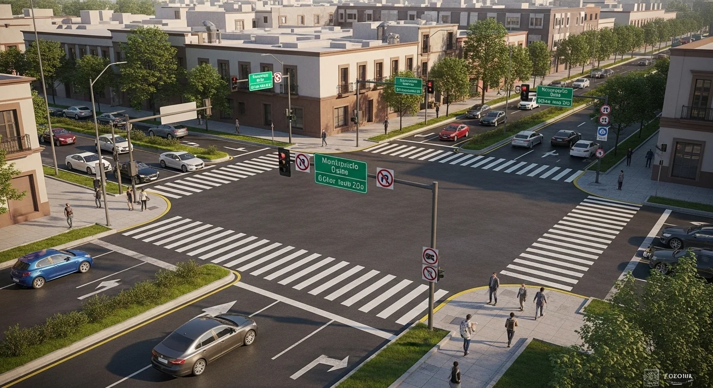 Intersección vial en una ciudad de México con señalización de tránsito, representando el reglamento de tránsito 2020 y la movilidad urbana.