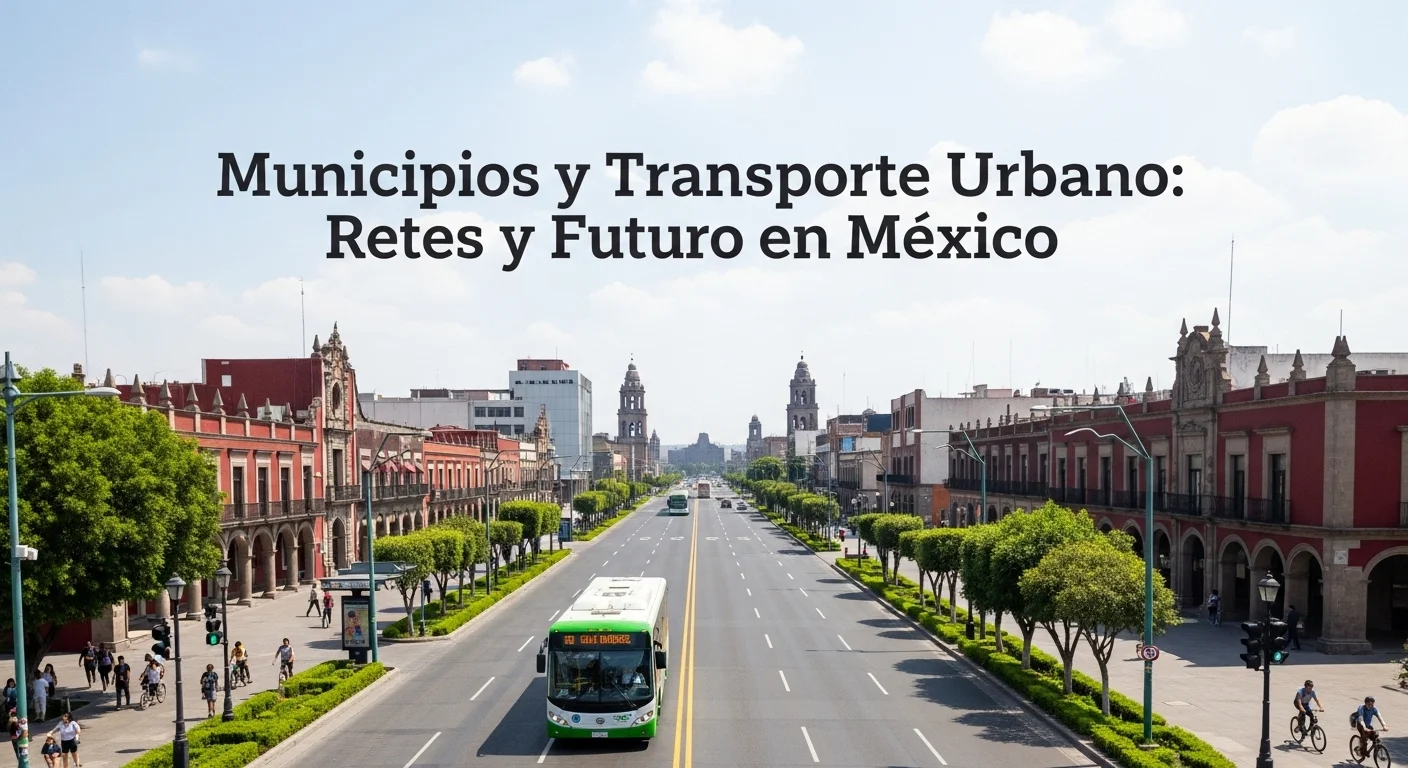 Autobús de un sistema de transporte urbano sostenible circulando por una avenida principal en un municipio mexicano, con ciclistas y peatones en el fondo.