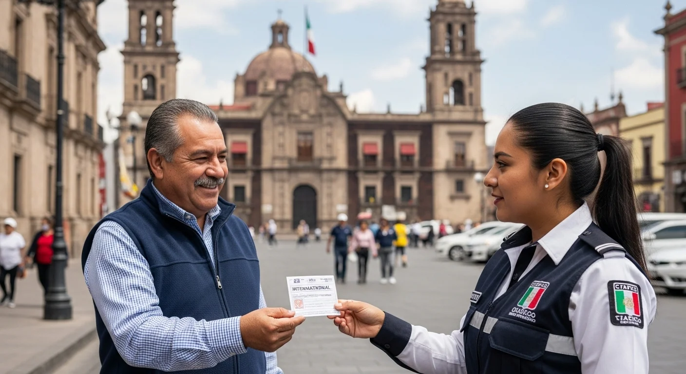Una persona mostrando un permiso de conducir internacional a un agente de tránsito, con el palacio municipal de una ciudad mexicana de fondo.