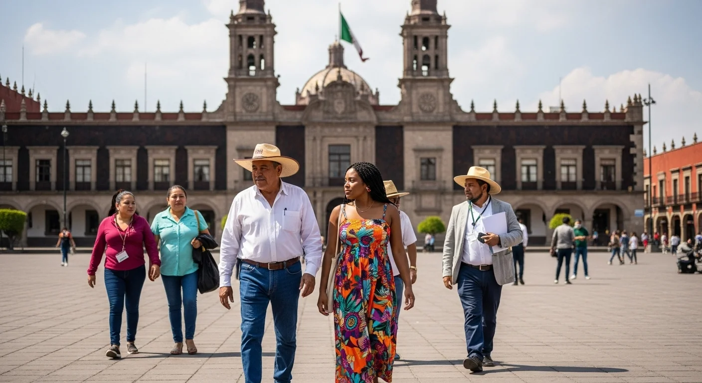 Una plaza pública en un municipio mexicano, con el palacio municipal al fondo y gente caminando, representando las vacantes y oportunidades de empleo.