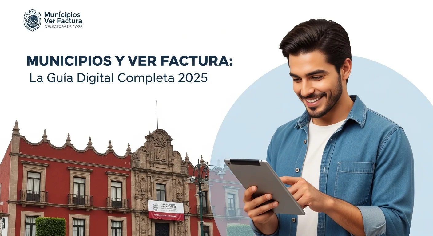 Una persona utilizando una tableta para ver la factura de servicios de agua, con el palacio municipal de un municipio mexicano en el fondo.