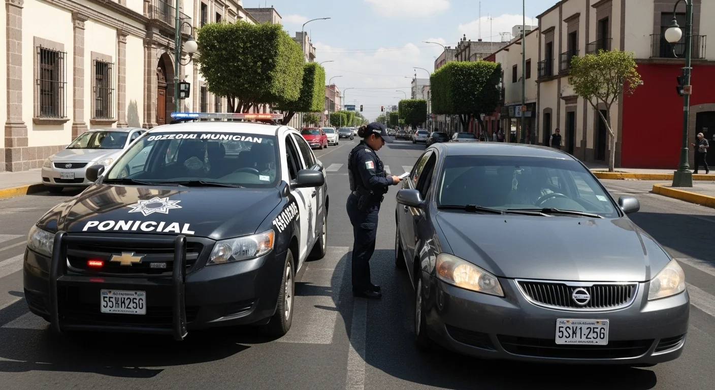 Patrulla de tránsito municipal deteniendo un vehículo con vidrios polarizados en una calle de un municipio mexicano.