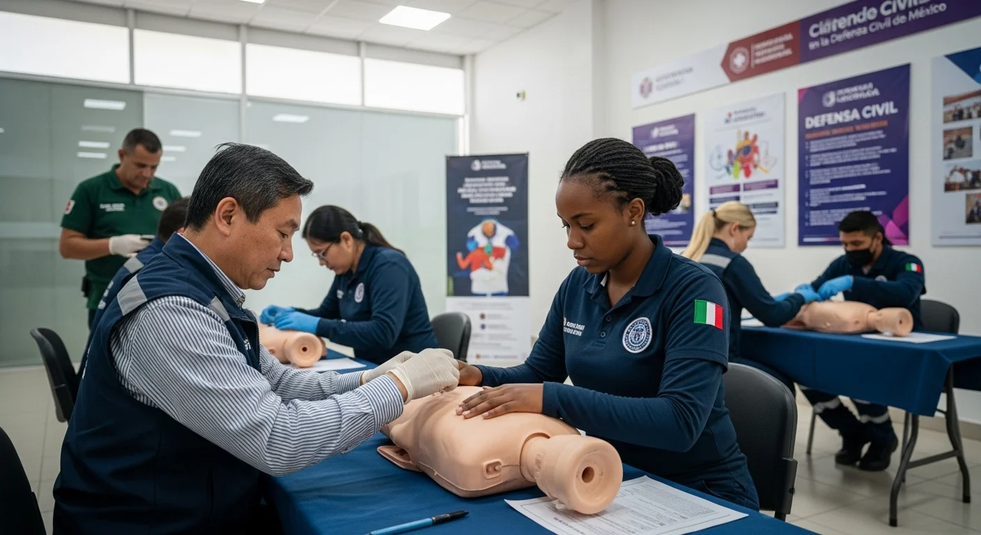 Grupo de defensa civil voluntarios recibiendo capacitación en primeros auxilios en las instalaciones de un ayuntamiento mexicano.